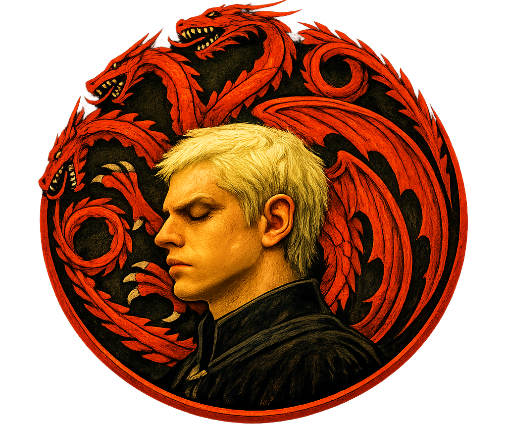 Circular design with red dragons and a person's profile on a white background