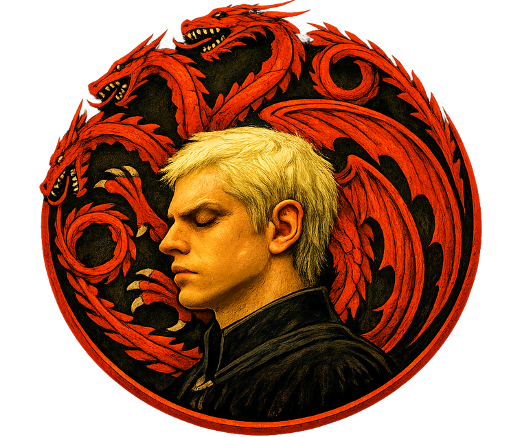 Circular design with red dragons and a person's profile on a white background